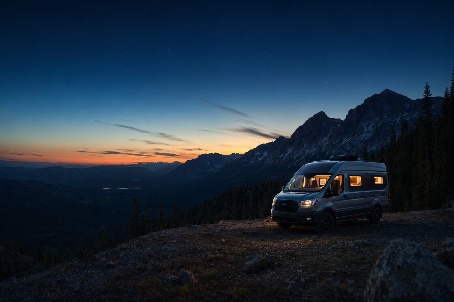Campervan running off-grid on Dakota Lithium power at twilight