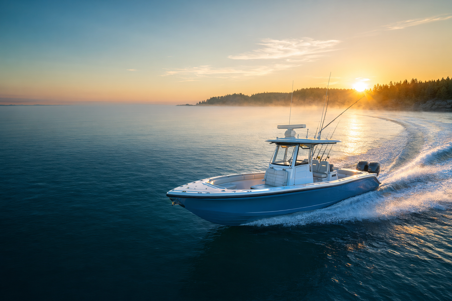Boat powered by Dakota Lithium LiFePO4 batteries on open water at sunrise